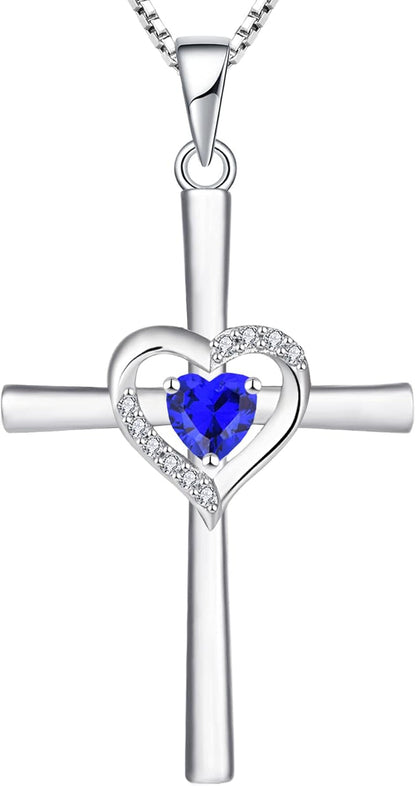Heart Cross Necklace Sterling Silver Crucifix Pendant Gemstones Criss Jewelry for Women