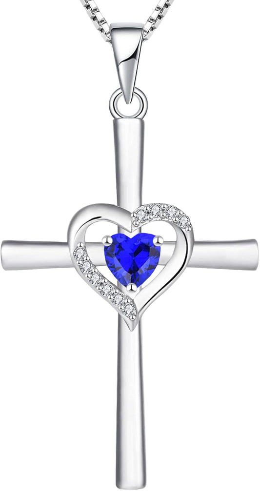 Heart Cross Necklace Sterling Silver Crucifix Pendant Gemstones Criss Jewelry for Women