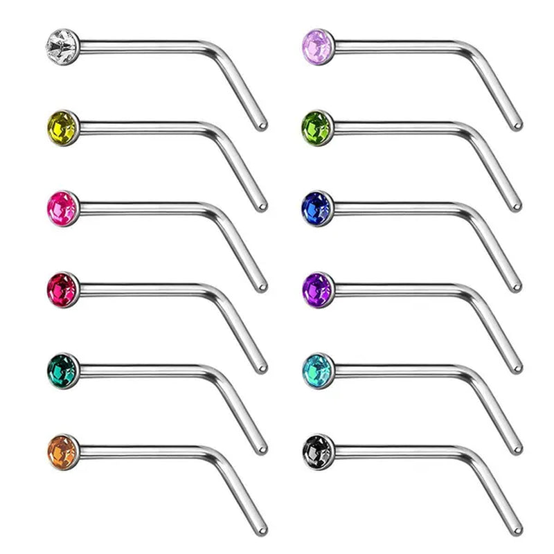 150/100/50PCS Fashion Stainless Steel CZ Crystal L Shape Diamond Rhinestone Nose Ring Body Piercing Stud Jewelry Bone 20 Gauge for Women Girls 2 Types