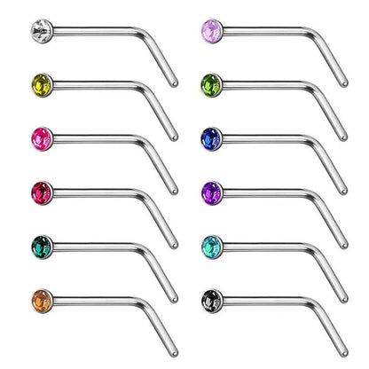 150/100/50PCS Fashion Stainless Steel CZ Crystal L Shape Diamond Rhinestone Nose Ring Body Piercing Stud Jewelry Bone 20 Gauge for Women Girls 2 Types