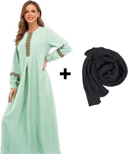 Womens Long Sleeve Ethnic Style Zipper Muslim Dresses Abaya with Hijabs