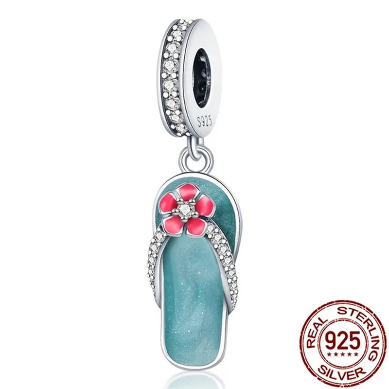 Stylish S925 Sterling Silver Blue Flip Flops With Red Flower Charm Fit Bracelet & Necklace DIY Jewelry