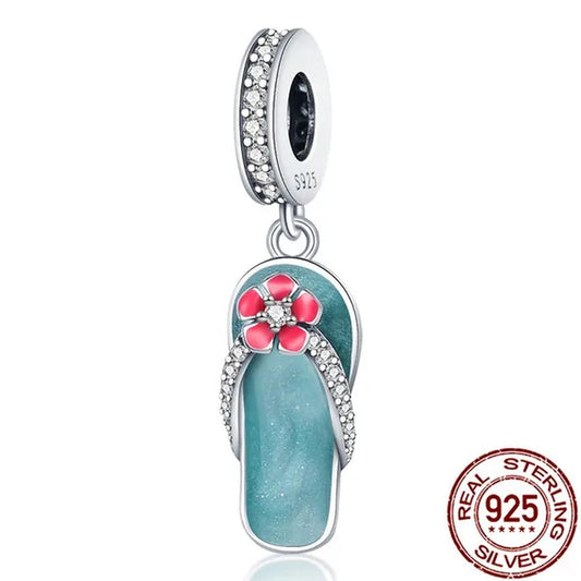 Stylish S925 Sterling Silver Blue Flip Flops With Red Flower Charm Fit Bracelet & Necklace DIY Jewelry