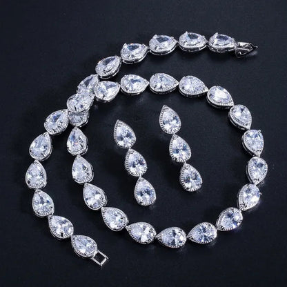 Gloriya Noble Jewelry Set Bridal Accessories High Quality Platinum Plated CZ Water Drop Charm Choker Necklace Earrings for Women Heavy Dinner
