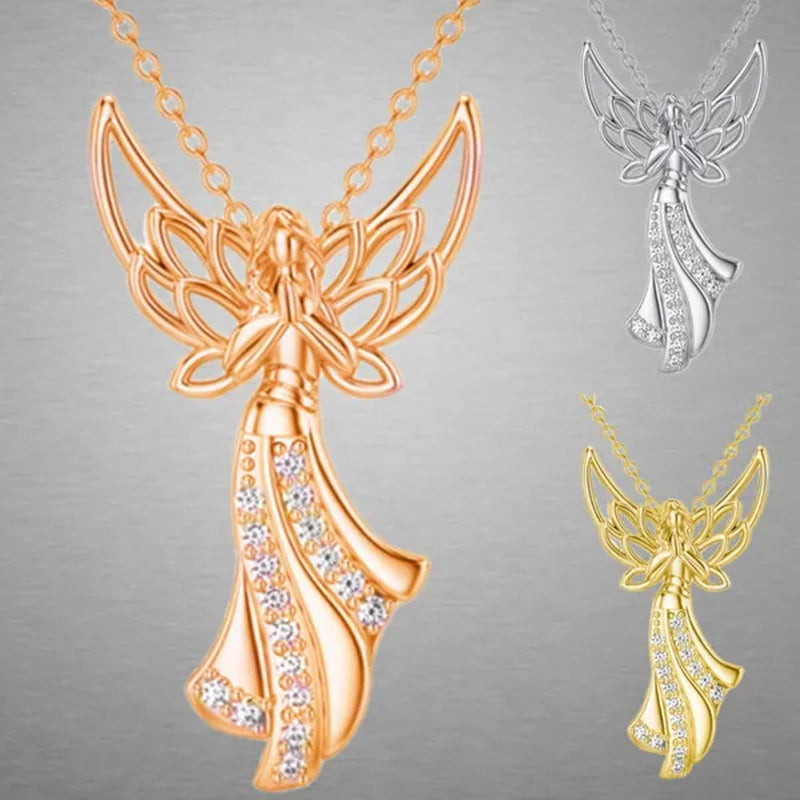 Exquisite Fashion Creative Women Angel Wings Diamond Necklace Holy Faith Angel Princess Pendant Engagement Necklace Women Diamond Jewelry Birthday Party Anniversary Gift Christmas Gift Jewelry Necklace