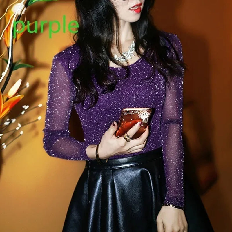 Korean new style sexy T-shirt Party Fashion New Wild Shiny Gold and Silver Mesh Yarn Round Neck Shirt Blouses