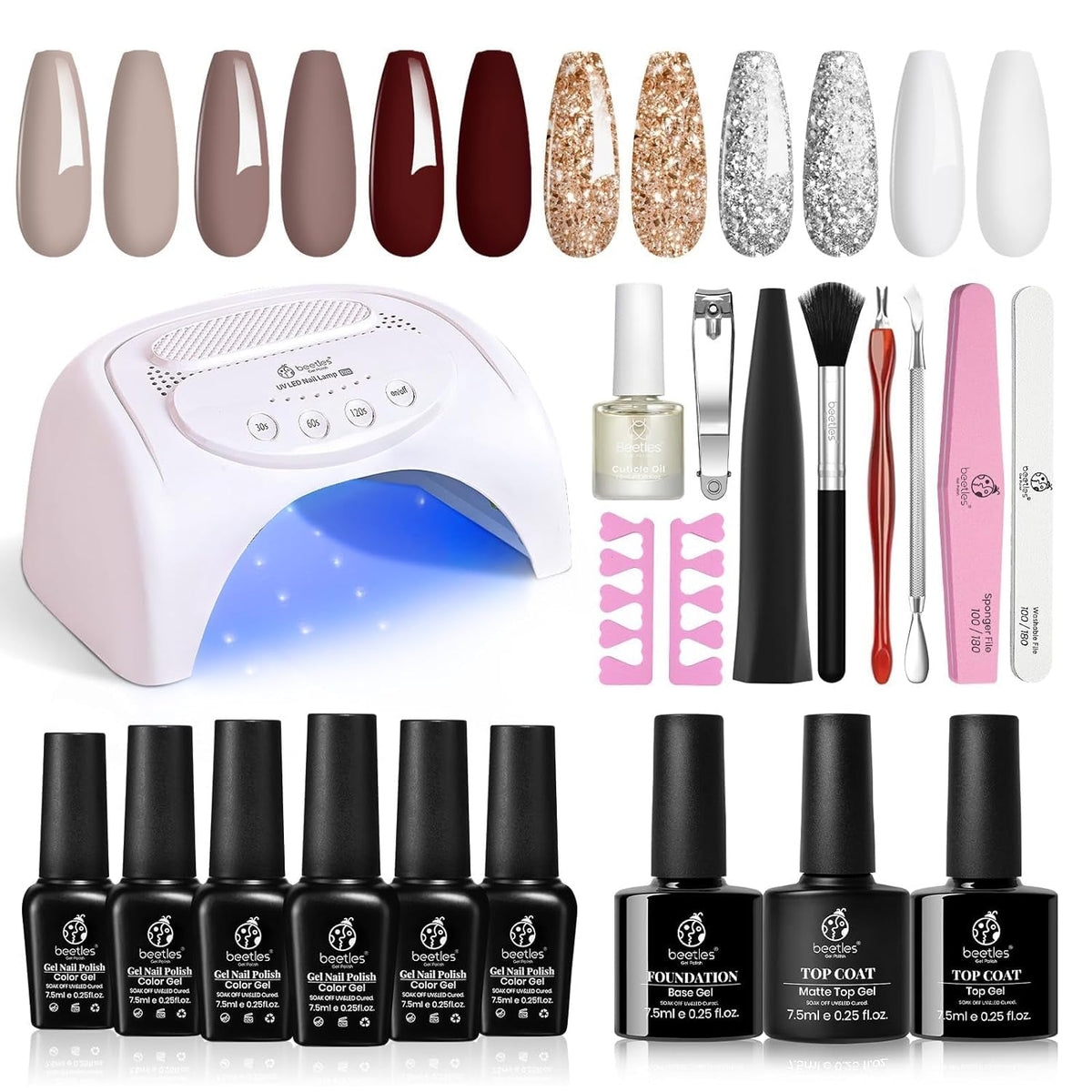 Beetles Gel Nail Polish Kit with 48W light 18 Pcs Gel Starter Kit,6 colors Nude Pink French White Glitter Gel Polish Soak Off Base Top Coat Gel Art Manicure Kit