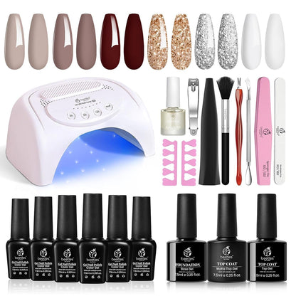 Beetles Gel Nail Polish Kit with 48W light 18 Pcs Gel Starter Kit,6 colors Nude Pink French White Glitter Gel Polish Soak Off Base Top Coat Gel Art Manicure Kit