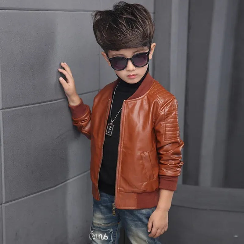 Outdoor Winter New Spring Children Boy Plus Cashmere Thick Leather Jackets Children Fashion Outerwear  (Brown Black)