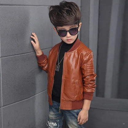 Outdoor Winter New Spring Children Boy Plus Cashmere Thick Leather Jackets Children Fashion Outerwear  (Brown Black)