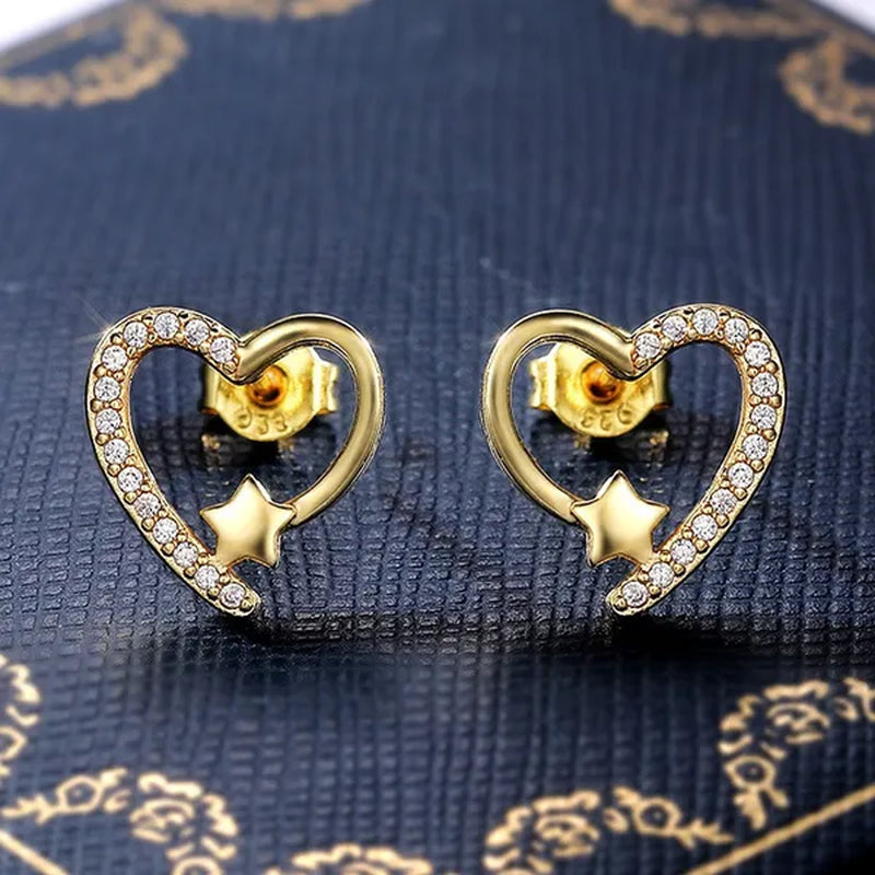14K  Gold Love Heart Star White Zircon Stud Earrings for Women Wedding Engagement Bride Jewelry Gift