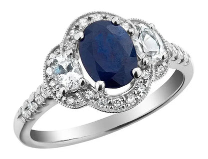 Blue Sapphire Three Stone Ring with Diamonds and Created White Sapphires 1.75 Carat (ctw) in 10K White Gold