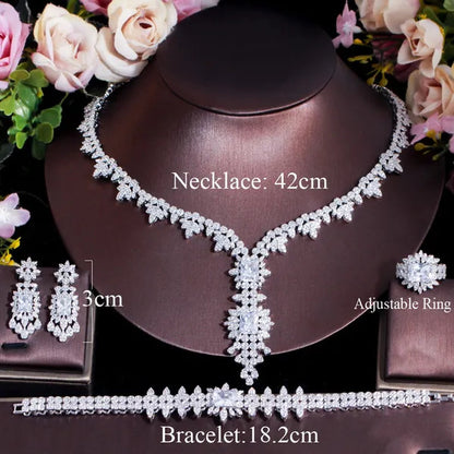 CANDICE High Quality White Gold Plated AAA CZ Women Long Pendant Necklace Earrings Ring Bracelet 4pcs Jewelry Set for Deep V Wedding Party Dress Accessories