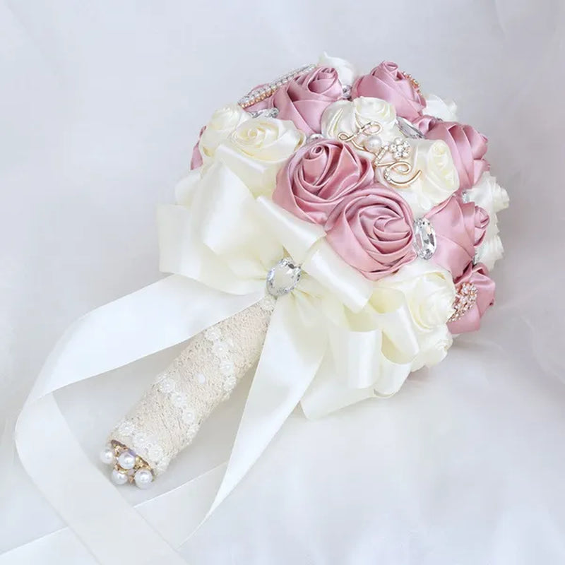 20CM Simulation Silk Rose Wedding Bouquet Diamond Pearl Brooch Bridal Bouquets Romantic Bridesmaid Holding Flowers