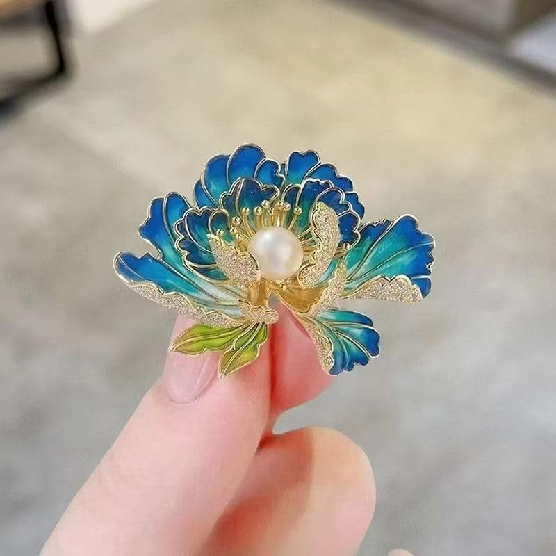 Classical Enamel Blue Peony Flower Brooch, Natural Freshwater Pearl, Exquisite High-End Chinese Style Cheongsam Hanfu Accessory Pin