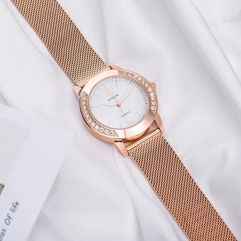 WWOOR Luxury Crystal Ladies Bracelet Watches Top Brand Fashion Women Quartz Watch For Women Rose Gold Mesh Band Wrist Watch Montre Femme