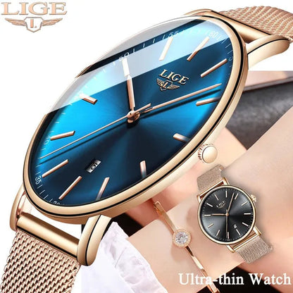 2019 LIGE Luxury Rose Gold Ladies Watch Simple Fashion Casual Ladies Watch Ultra-Thin Waterproof Quartz Watch Montre Femme