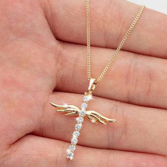 Women's Fashion 18 K Gold Fashion Cross Diamond Pendant Necklace Angel Diamond Necklace
