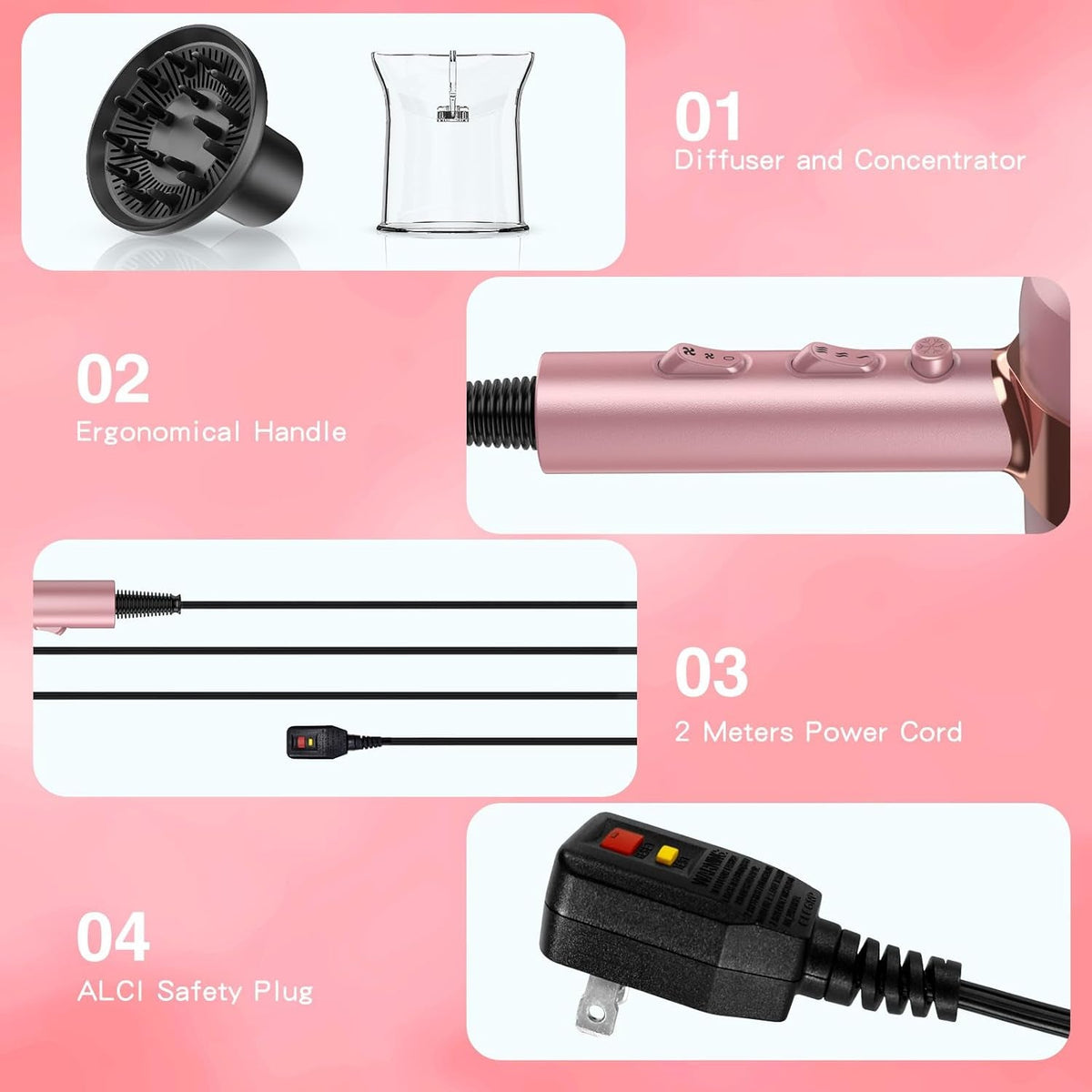 Professional Ionic Blow Dryer with Diffuser and Nozzle - 1875W Compact Dryer for Curly/Straight Hair Fast Drying, Lightweight for Home Salon Travel