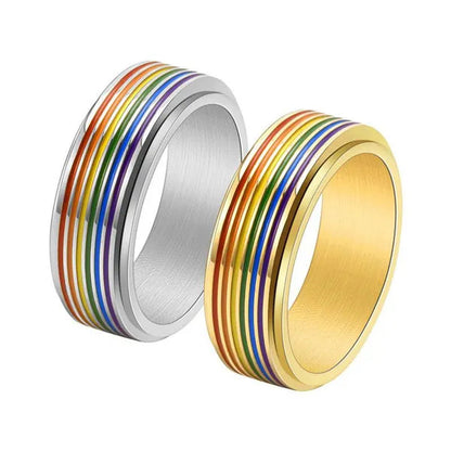 Women Men Multicolor Stripes of Rainbow Stainless Steel Spinner Ring Gay Lesbian LGBT Pride Rings Engagement & Wedding Band Valentines Gift Silver / Gold / Black Size 6-12