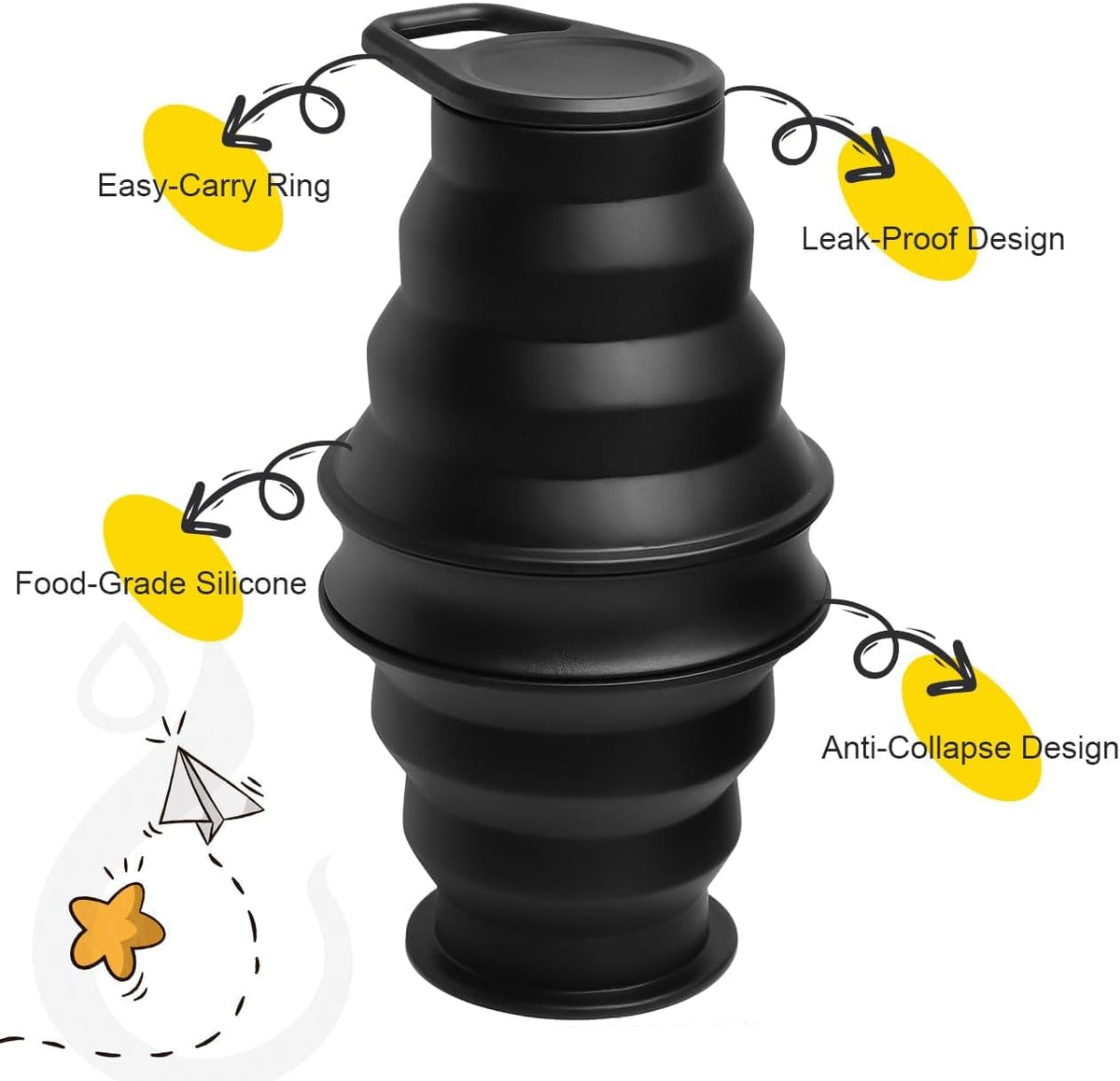 Collapsible Water Bottles BPA Free Leak Proof Foldable Silicone Bottle with Anti-Collapse Ring for Travel Camping Hiking Running Sport