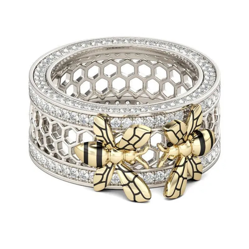 Unique Two Bee Honeycomb Sterling Silver Women's Band Natural White Sapphire Diamond Ring Women's Anniversary Christmas Gift Size 5-11