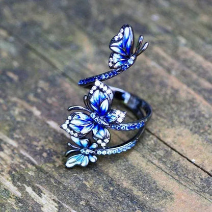Exquisite 925 Sterling Silver Jewelry Rings for Women Female 3 Butterfly Animal Ring Temperament Blue Sapphire Zircon Inlay Ring Gun Black Ring Engagement & Wedding Band Ring Size 6-10