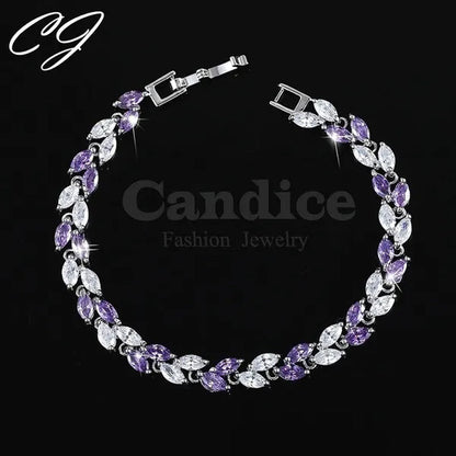 CANDICE 100% Real Silver Female Jewelry Simple Leaf Shape Multicolor Cubic Zirconia Strand Bracelet For Lady