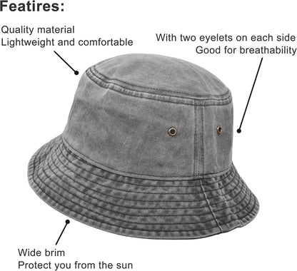 Bucket Hat, Wide Brim Washed Denim Cotton Outdoor Sun Hat Flat Top Cap for Fishing Hiking Beach Sports