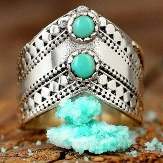 Antique 925 Sterling Silver Turquoise Ring for Women Boho Bohemian Blue Stone Thumb Chevron