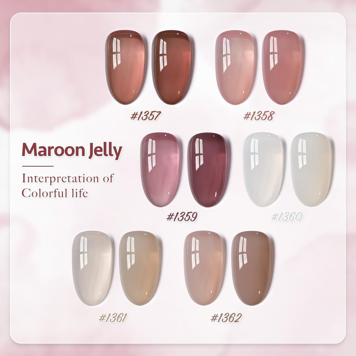 Jelly Brown White Gel Nail Polish Set, 6 Translucent Colors Sheer Pink Maroon Soak off UV Light Cure Gel Polish Kit for Salon and Nail Art DIY at Home