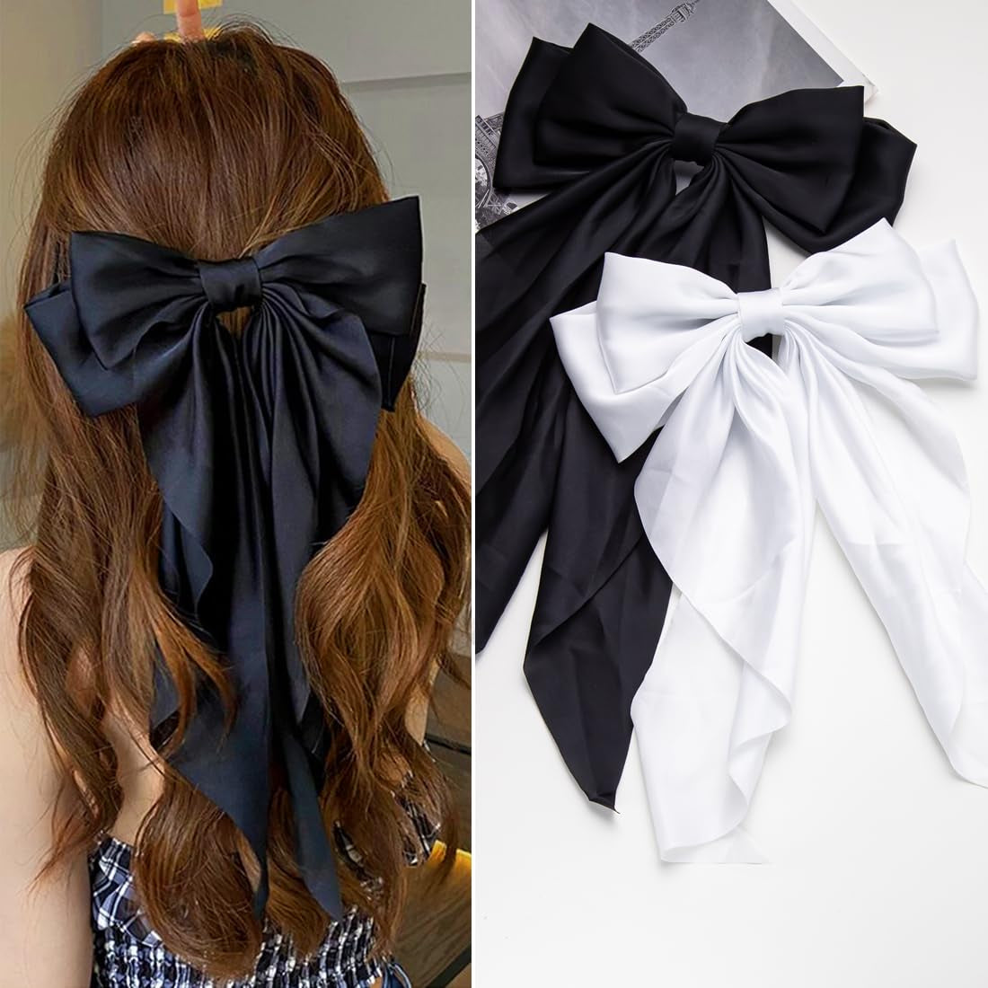 Hair Bows 2 PCS Ribbon Bow for Women and Girls, Oversized Long-Tail Cute Aesthetic, Large Hair Barrettes (Black White)
