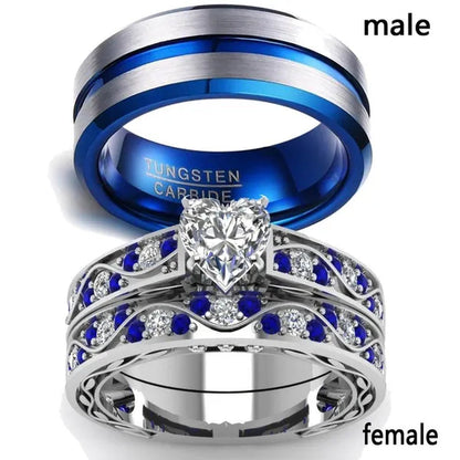 TWO RINGS Sz6-12 Couple Rings His Hers Blue Tungsten Mens Wedding Band White Gold Filled Heart CZ Sapphire Womens Ring Sets
