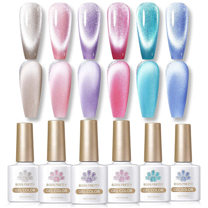 Cat Magnetic Gel Nail Polish Set Auroras 9D Cat Magnetic Eye Glitter Gel Polish Nail Art Manicure Collection Gift 6PCS