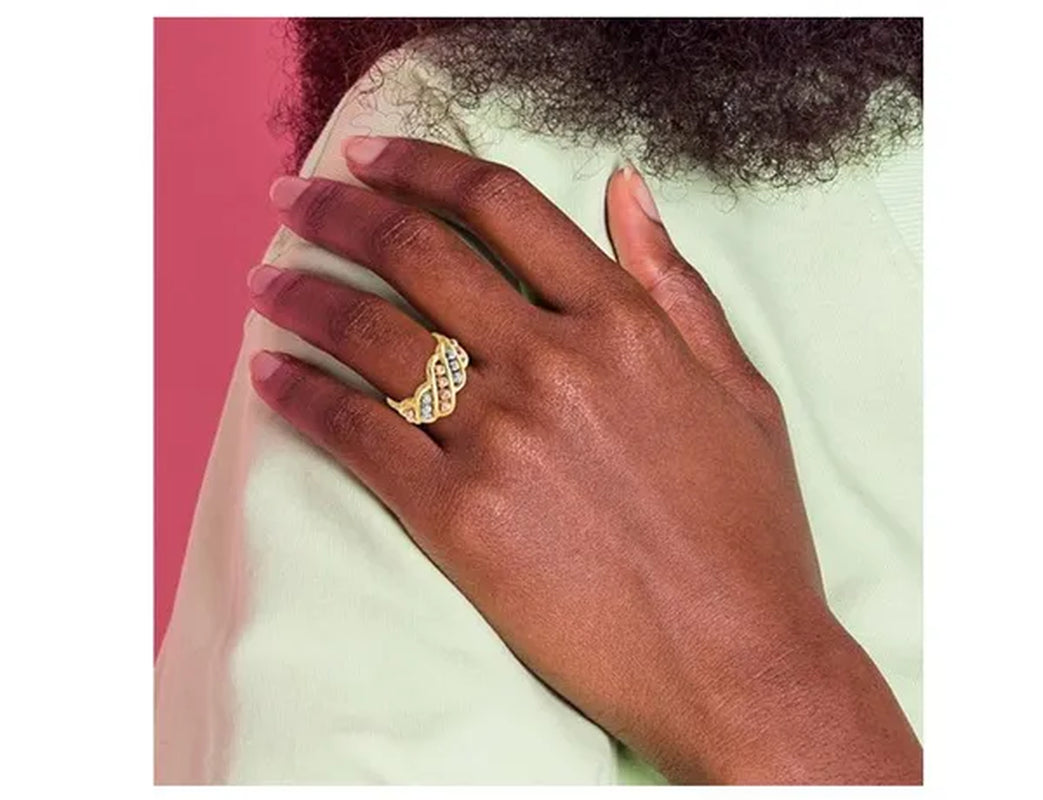 14K Yellow, White, and Rose Gold Diamond-cut Beads Ring