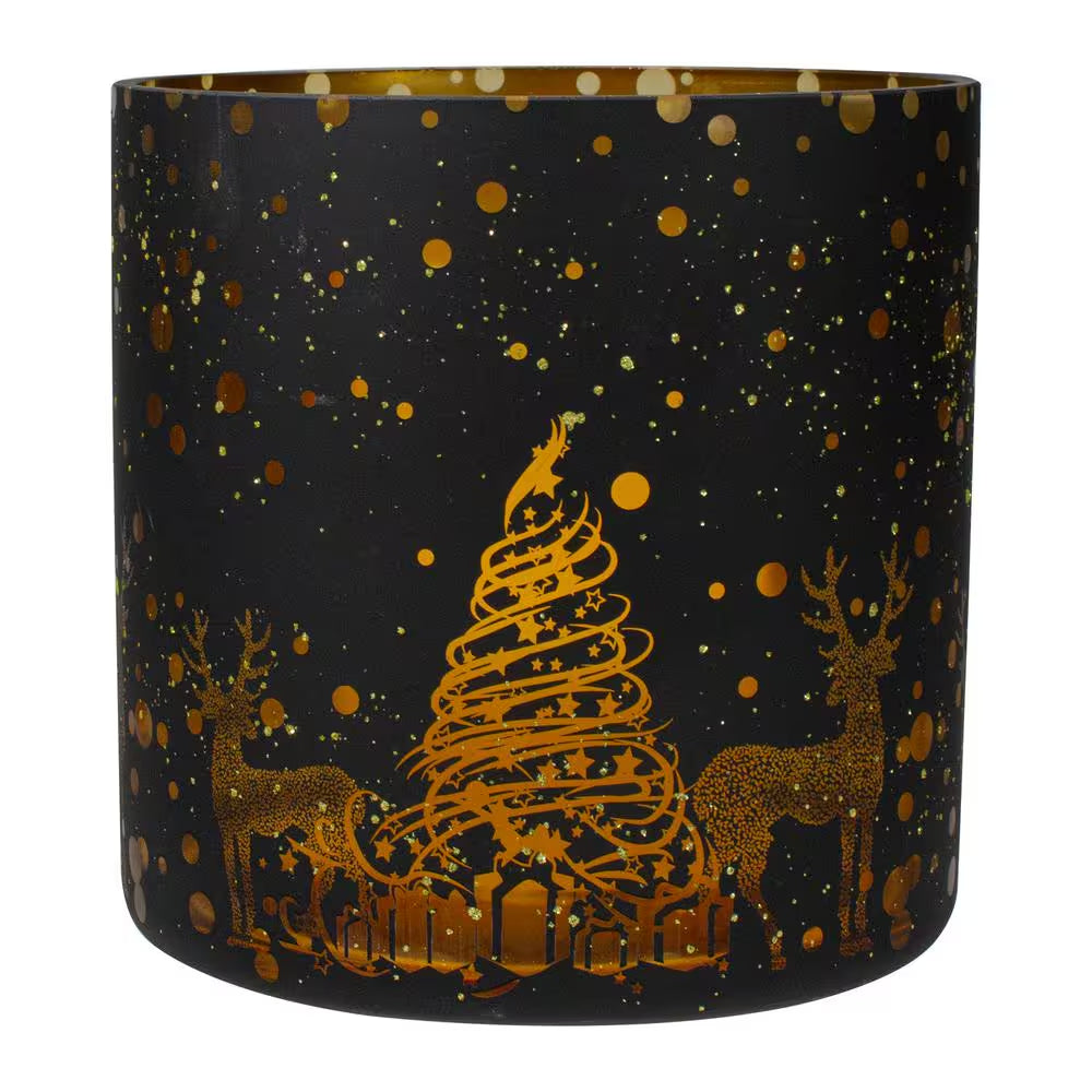 6 In. Black and Gold Deer and Pine Trees Flameless Glass Candle Holder