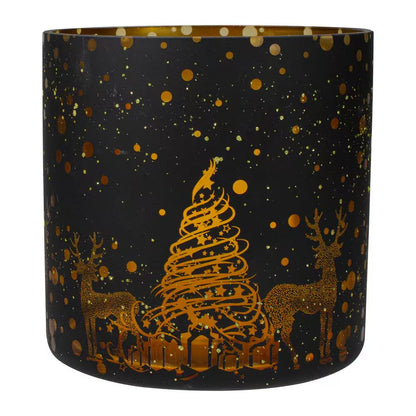 6 In. Black and Gold Deer and Pine Trees Flameless Glass Candle Holder