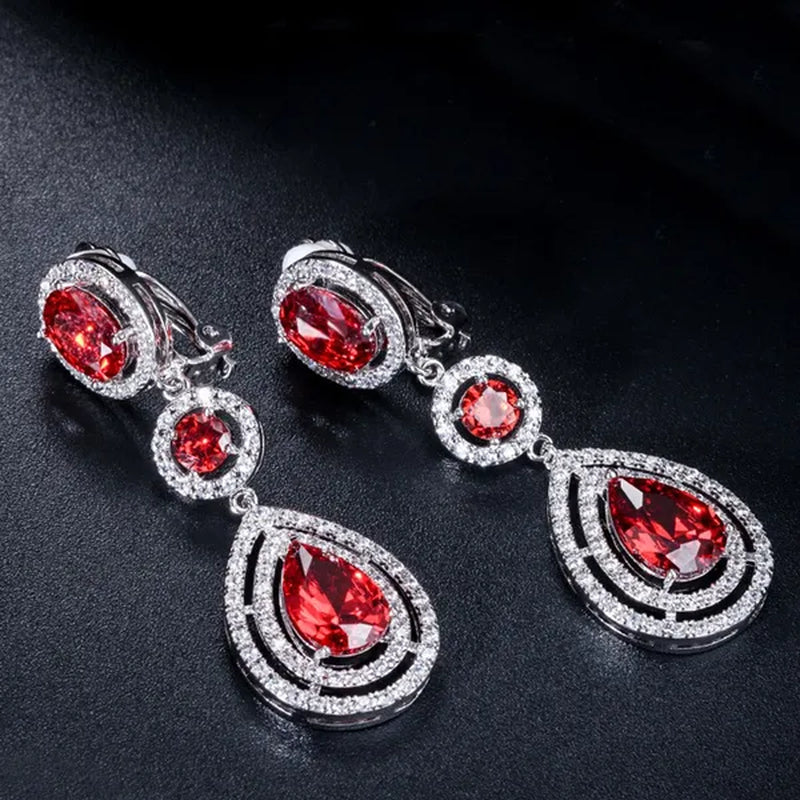 CANDICE Red Pear Cut Crystal Long Dangle Earrings Without Piercing Women CZ Non Hole Clip on Ear Jewelry Bridal Accessories