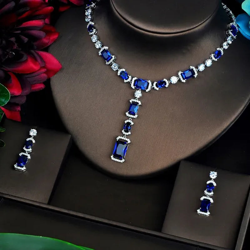 CANDICE Luxury White Gold Plated Bridal Party Jewelry Inlaid AAA Cubic Zirconia Long Drop Dangle Necklace Earrings Set for Women Wedding