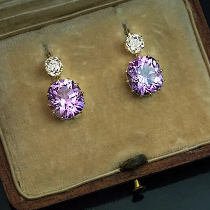 Women Charming Round Cut Amethyst Crystal Dangle Earrings Female Party Wedding Engagement Anniversary Gift Jewelry