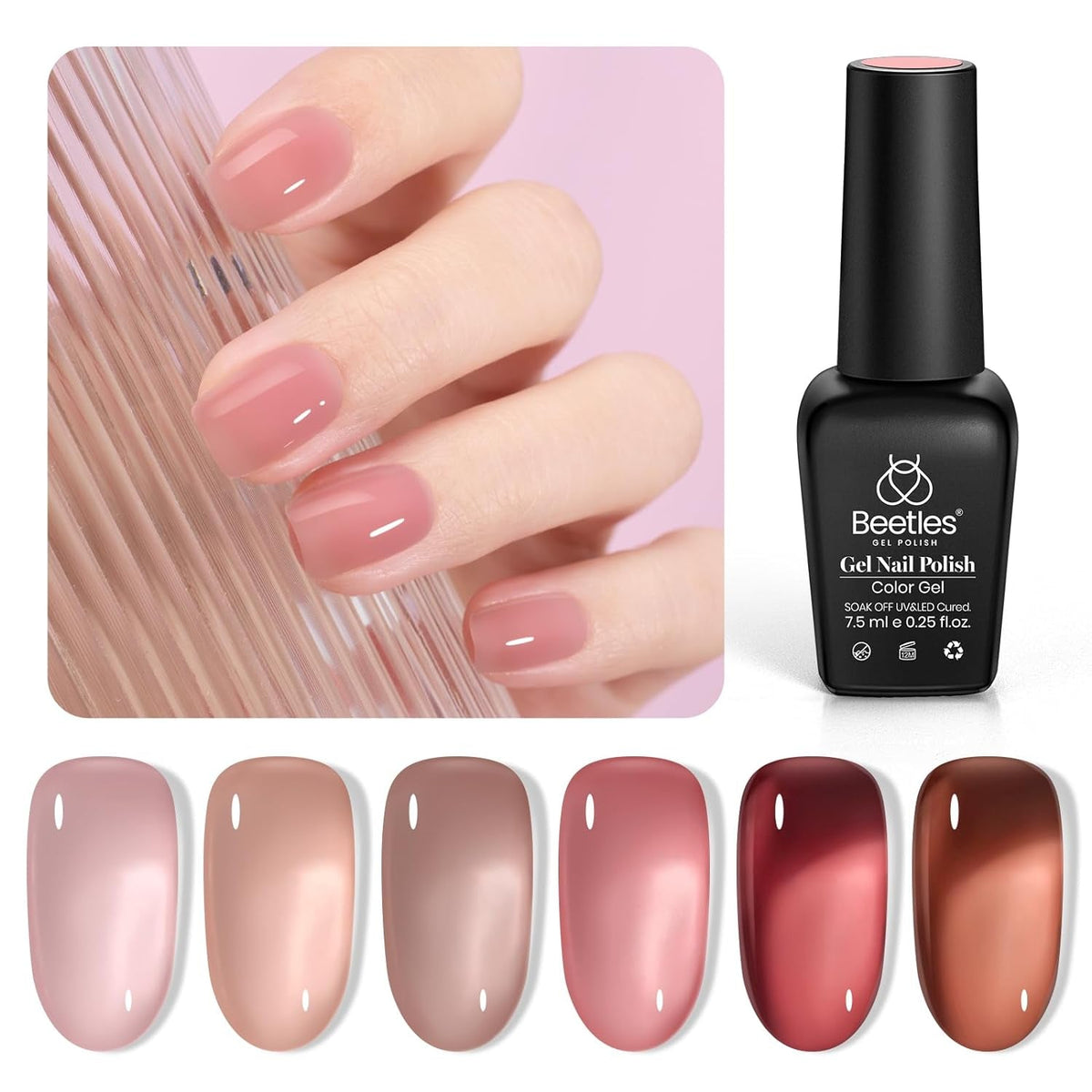 Beetles Gel Nail Polish Set, 6 Colors Jelly Gel Polish Nude Pink Gel Neutral Nail Art Design Translucent Gel Nail Kits Soak Off Uv Nail Lamp Cured Nail Manicure DIY Home for Women