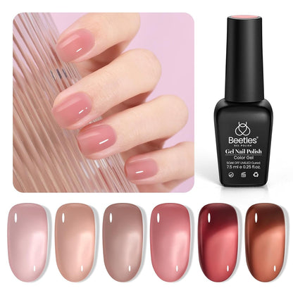 Beetles Gel Nail Polish Set, 6 Colors Jelly Gel Polish Nude Pink Gel Neutral Nail Art Design Translucent Gel Nail Kits Soak Off Uv Nail Lamp Cured Nail Manicure DIY Home for Women