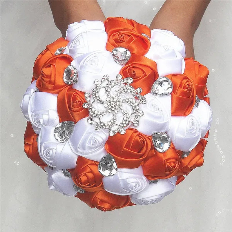 Private Custom Wedding Flower Bride Bouquet 18CM Silk Rose Wedding Bouquet Crystal Brooch Ribbon Bow Bride Bridesmaid Holding Flowers