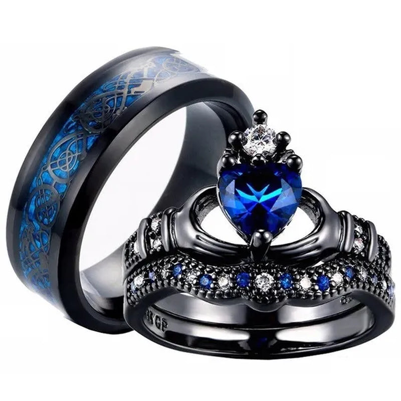 2PCS Fashion Blue Sapphire Couple Rings Diamond Rings Heart Shape Blue Sapphire Engagement Wedding Rings Set