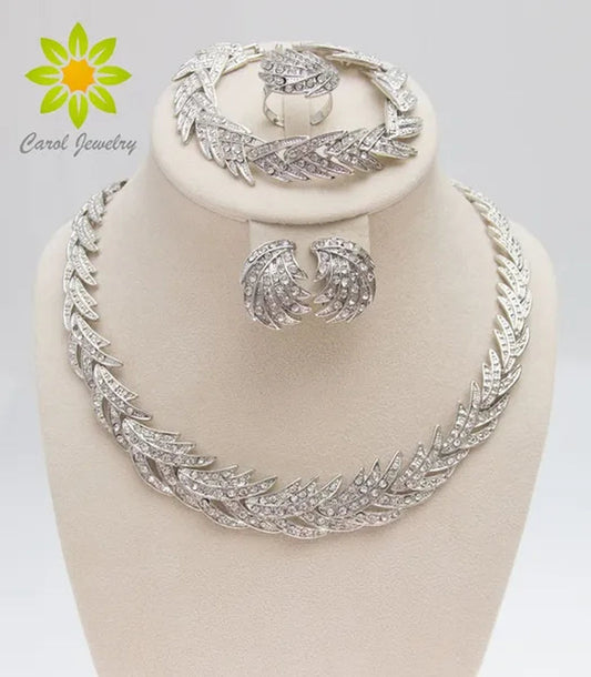 Leaves Shape Silver Plated Clear Crystal Jewelry Sets