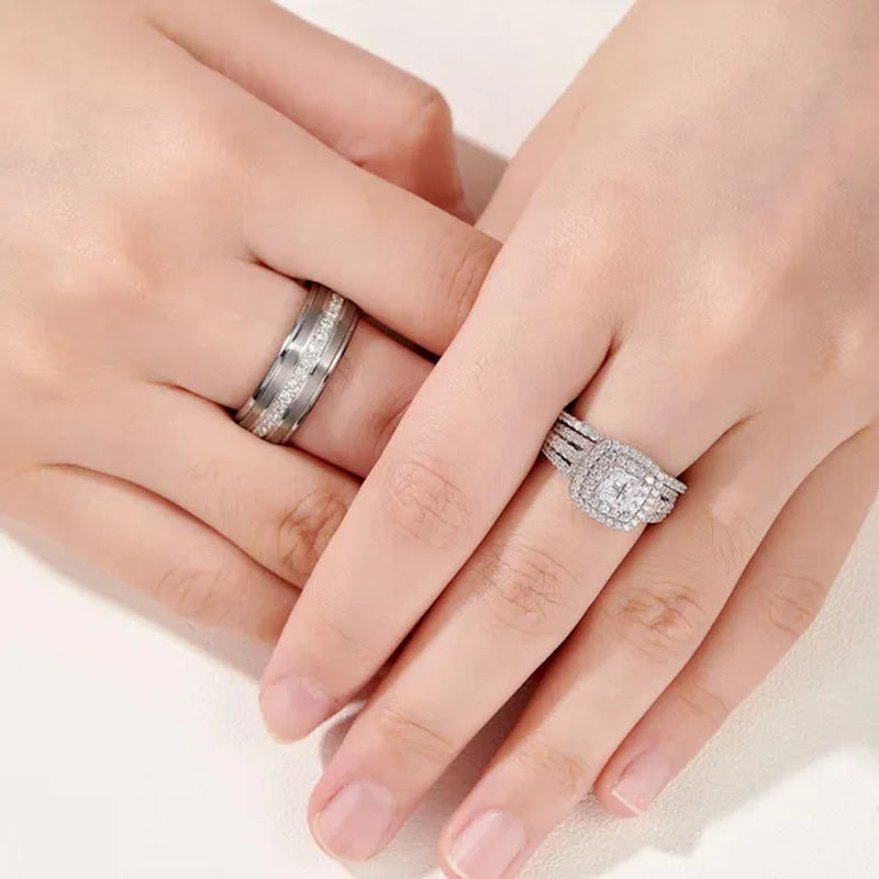 Newshe 925 Sterling Silver Princess Cross Halo Cubic Zirconia Wedding Ring Sets for Women Elegant Engagement Rings Sz 4-13