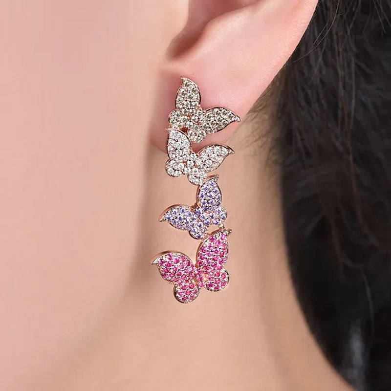 Gloriya Women's Fashion Silver Plated Ear Jewelry Micro Pave Colorful CZ Delicate Butterfly Design Long Earrings for Dancing Party