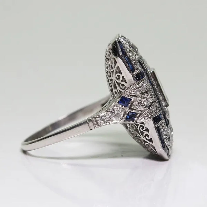 Antique Art Deco 925 Sterling Silver Red Ruby & Diamond Ring