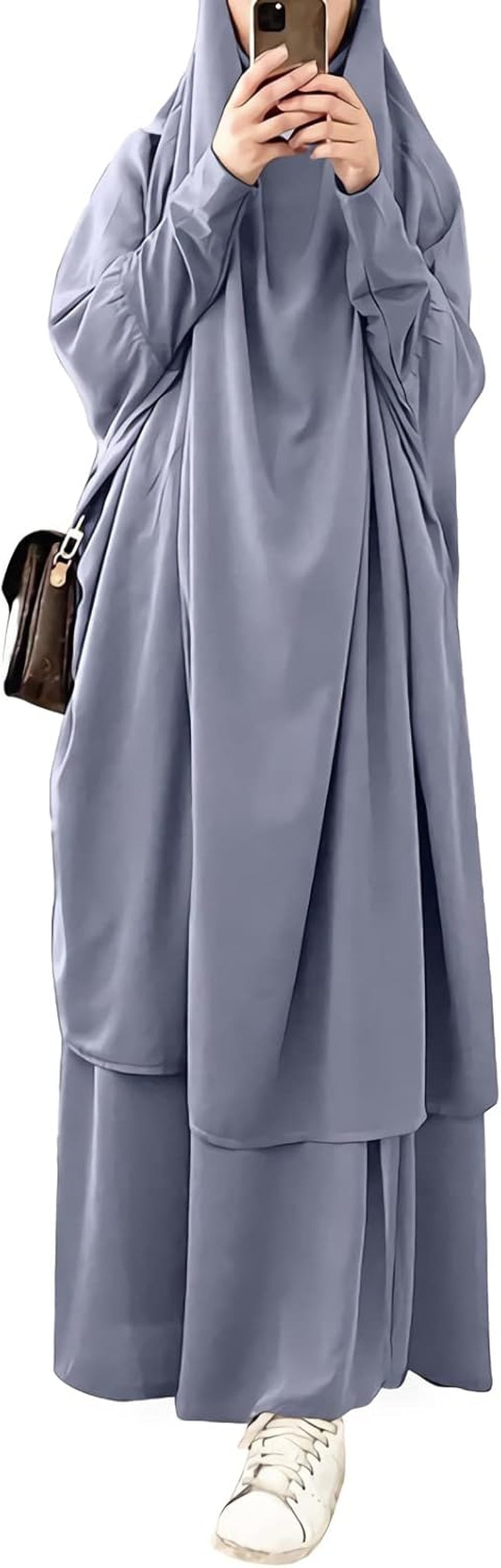 Womens Muslim Abaya Solid 2 Piece Prayer Dress Islamic Maxi Kaftan with Hijab Dubai Full Length Dress