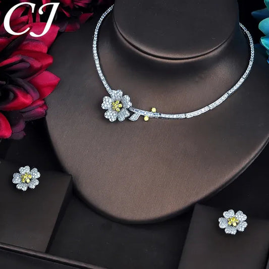 CANDICE Romantic 3D Flower Design Full Micro Pave Tiny CZ and Yellow 18K White Gold Plated Choker Necklace Earrings Set for Women Stylish Prom Party Jewelry